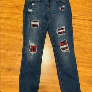 Judy Blue Distressed Skinny Jeans with Red Plaid